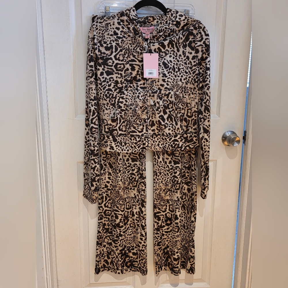 Juicy Couture Rhinestone Bling Logo Leopard Animal Print Hoodie and Pants Set Lg
